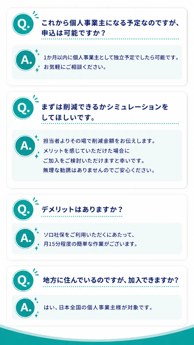 Qこれから個人事業主になる予定なのですが、申込は可能ですか？ A1か月以内に個人事業主として独立予定でしたら可能です。お気軽にご相談ください。Qまずは削減できるかシミュレーションをしてほしいです。 A担当者よりその場で削減金額をお伝えします。メリットを感じていただけた場合にご加入をご検討いただけますと幸いです。無理な勧誘はありませんのでご安心ください。Qデメリットはありますか？ Aソロ社保をご利用いただくにあたって、月15分程度の簡単な作業がございます。Q地方に住んでいるのですが、加入できますか？ Aはい、日本全国の個人事業主様が対象です。
